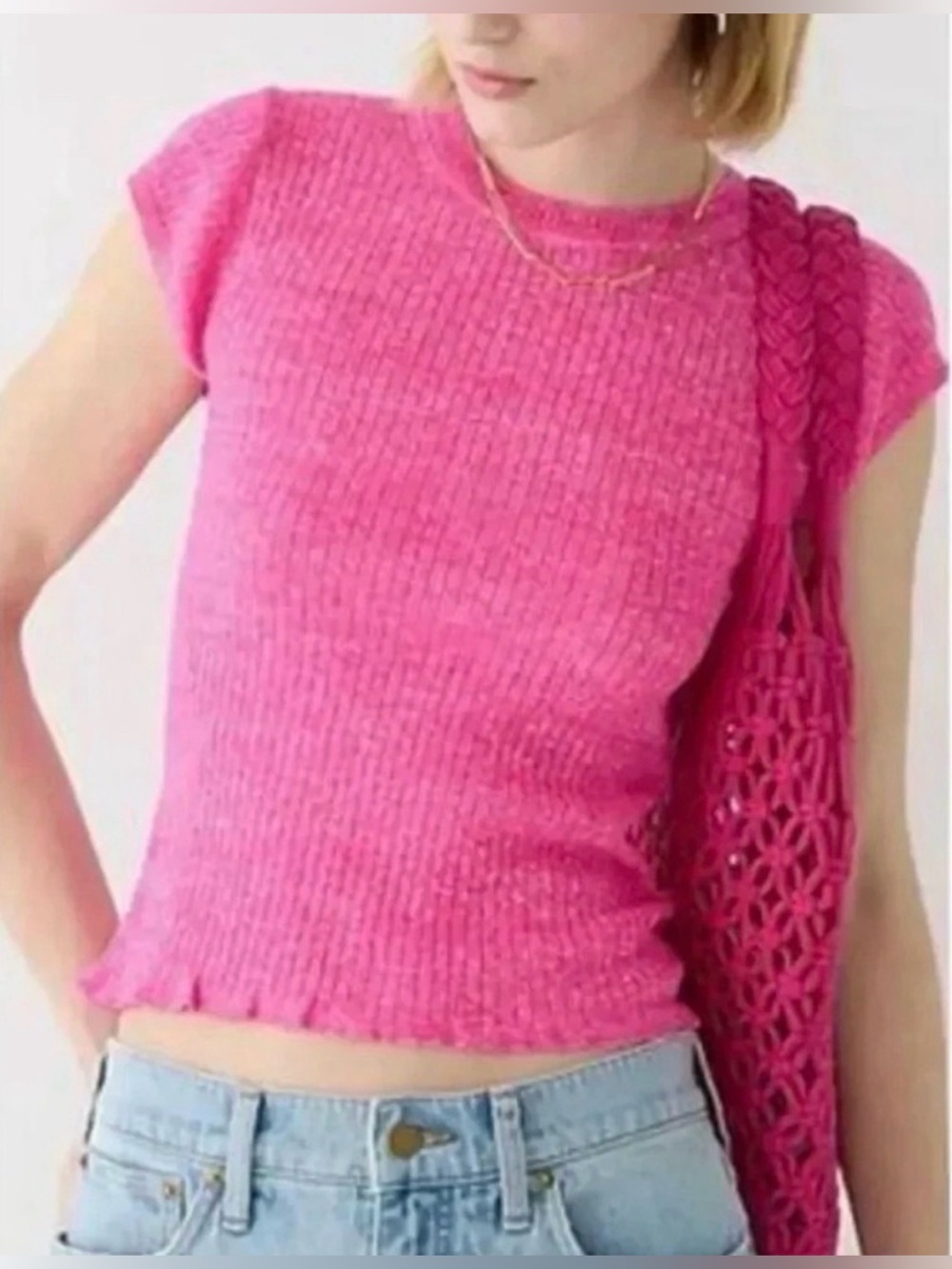 J. Crew Hot Pink Short Sleeve Sweater Tee Merino Wool Linen Y2K Slim Fit Med